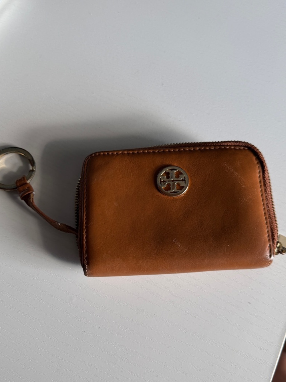 Tory Burch Cognac Leather Zip Card Case Wallet Key Ring